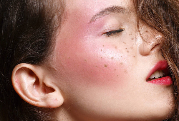    beauty closeup portrait of young caucasian woman skin face makeup                             - Foto, Imagen