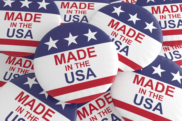 Boutons d'affaires : Pile de drapeau américain fabriqué aux États-Unis Badges Illustration 3D
 - Photo, image