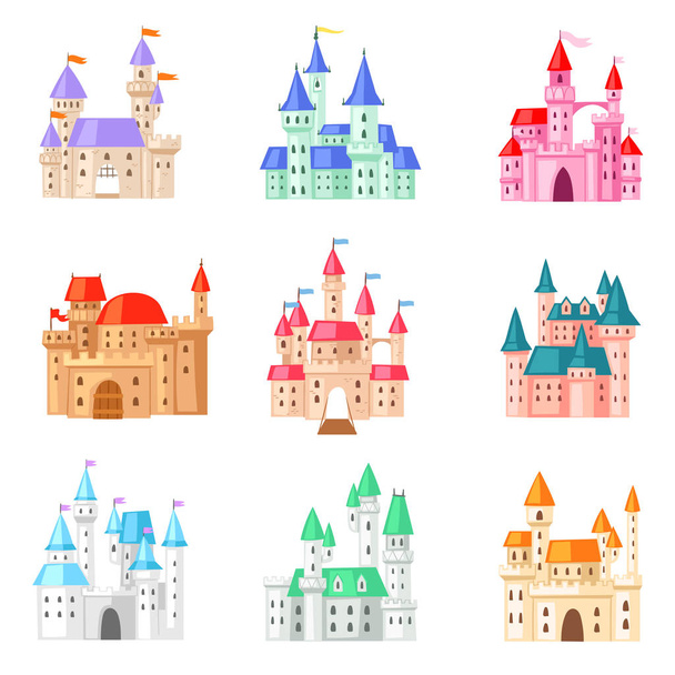 Cartoon castle vector fairytale medieval tower of fantasy palace building in kingdom fairyland illustration childish set of princess fairy-tale house isolated on white background - Vettoriali, immagini