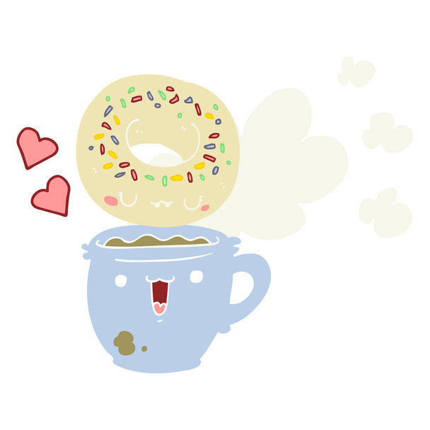 χαριτωμένο επίπεδη χρώμα στυλ καρτούν ντόνατ και καφέ - Διάνυσμα, εικόνα