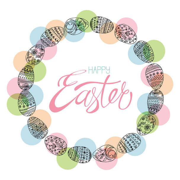 Easter eggs in the circle and hand-written calligraphic inscription Happy easter. - Vektor, kép