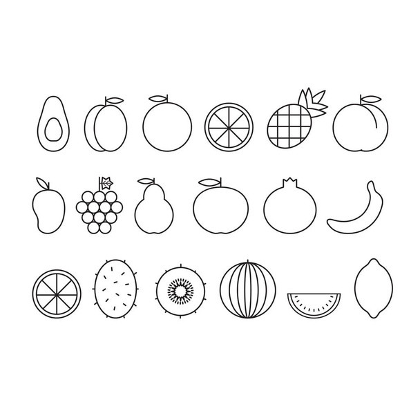Vektor meghatározott szerkezeti gyümölcsök, mint avokádó, sárgabarack, narancs, ananász, barack, mangó, szőlő, körte, alma, gránátalma, banán, kivi, görögdinnye, citrom. Gyümölcsök ikonok.    - Vektor, kép