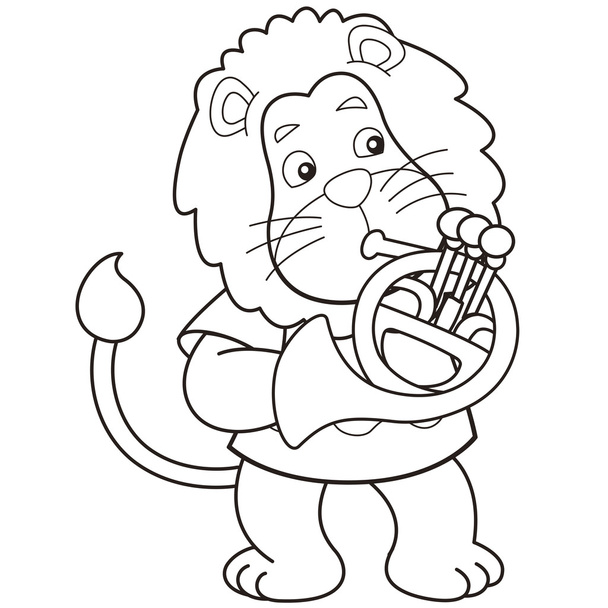 Cartoon Lion Playing a French Horn - Vektör, Görsel