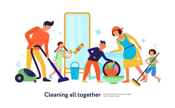 Cleaning Kids Helping Parents Illustration - Vector, Image