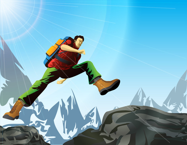 Mies reppu hypätä vuorilla
 - Vektori, kuva