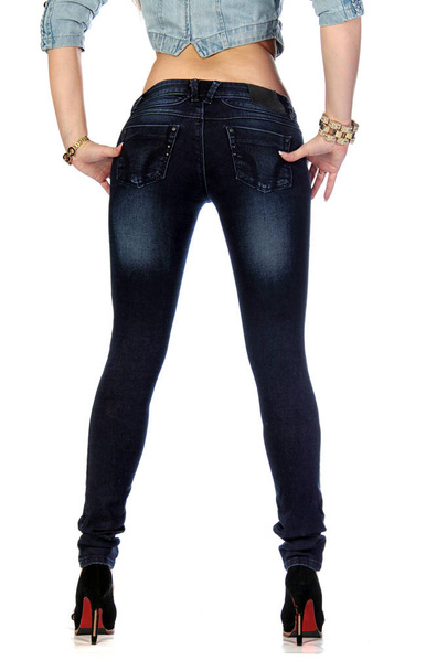 closeup women's jeans in different poses isolated on white background studio - Valokuva, kuva