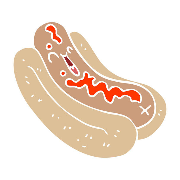 γελοιογραφία doodle hotdog σε ψωμάκι με κέτσαπ - Διάνυσμα, εικόνα