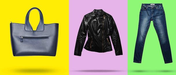 3D foto modieuze lederen zwarte jas, jeans en handtas. Trendy kleding en accessoires. Minimalisme - Foto, afbeelding