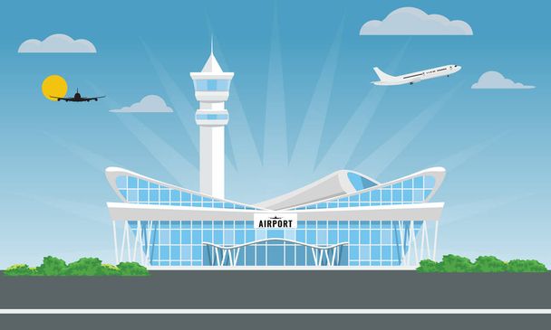 Fresco edificio moderno del aeropuerto en estilo plano y de color sólido. Ilustración vectorial
. - Vector, Imagen