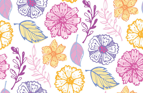 Virágmintás háttér - kézzel rajzolt firka levelek és virágok - Vektor, kép