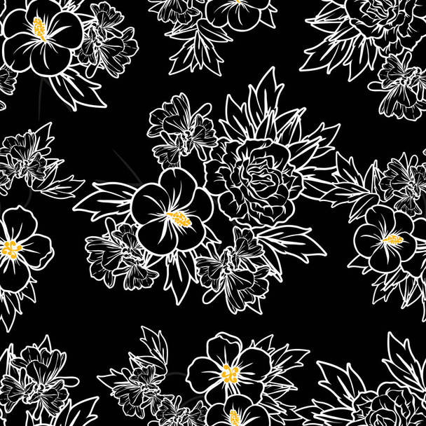 Seamless vintage style flower pattern. Floral elements in black and white. - Vecteur, image