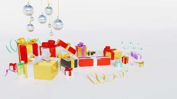 Several Multicolored gifts with shiny ribbons and many tiny stars with some Christmas Balls on a white background - Photo, Image