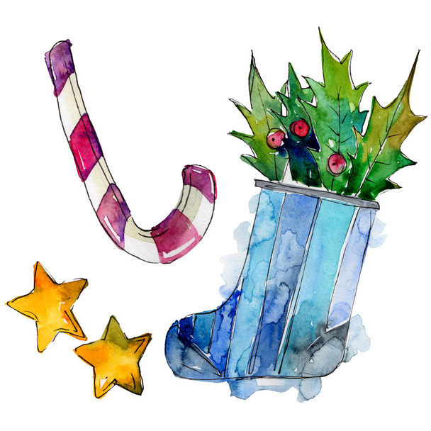 Meia isolada, cana, estrela, elementos de ilustração de baga. Natal símbolo de férias de inverno em um estilo aquarela
. - Foto, Imagem
