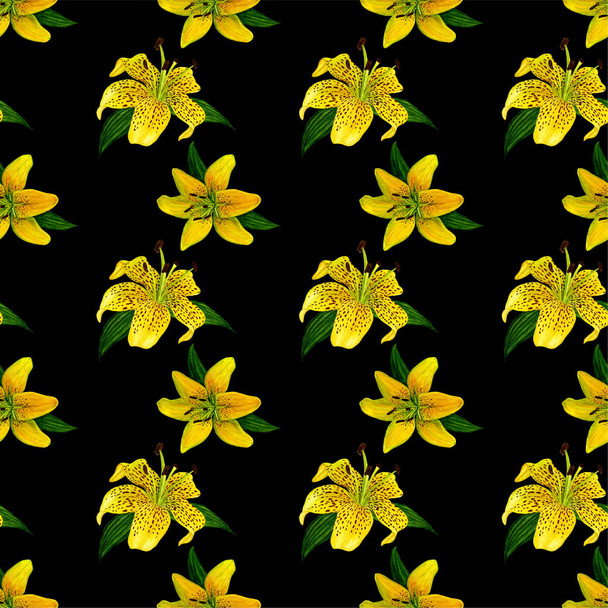 Watercolour seamless pattern with yellow lilies on a black background. Hand drawn the watercolour texture. Cute design for wallpaper, textile, fabric, background. - Foto, afbeelding