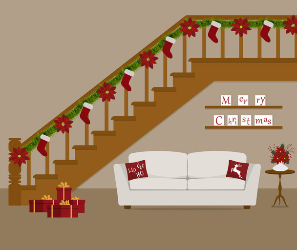 weißes Sofa mit roten Kissen unter der Treppe, weihnachtlich dekoriert. Auf dem Bild ist auch ein Tisch mit Weihnachtssternen und Geschenkschachteln zu sehen. Vektorillustration - Vektor, Bild