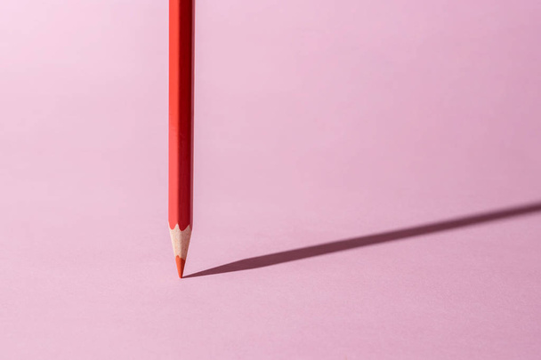 Red color pencil stands on pink paper background. Minimal school concept. - Foto, imagen