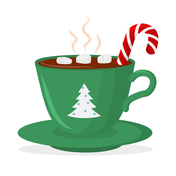 Hot chocolate cup with marshmallow and lollipop, green with christmas tree. Christmas card design element. Isolated vector illustration - Vector, afbeelding
