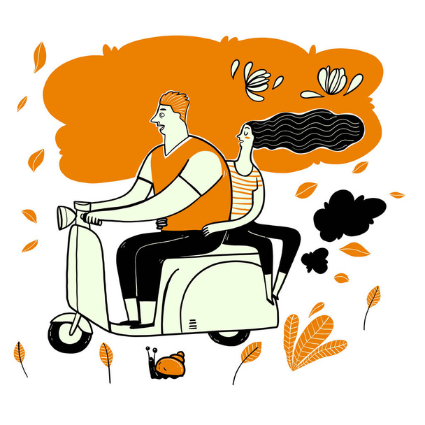La pareja montando scooter. Colección de dibujado a mano, ilustración vectorial en estilo garabato
. - Vector, Imagen