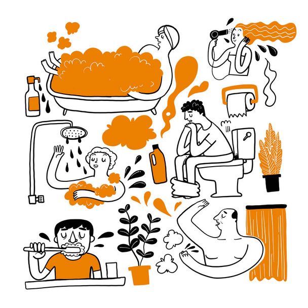 A personal errand in the bathroom. Collection of hand drawn Vector illustration in sketch doodle style. - Vector, Image