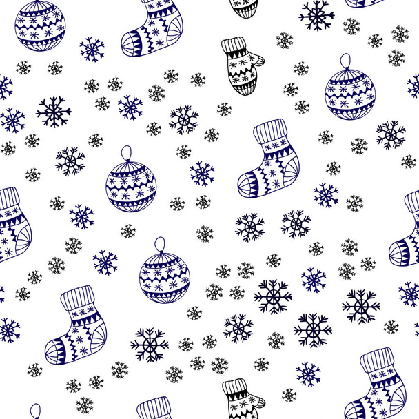 Bleu foncé, motif sans couture vecteur rouge avec flocons de neige de Noël, boules, chaussettes, mitaines. Illustration abstraite géométrique moderne. Modèle pour tissu à la mode, fonds d'écran
. - Vecteur, image