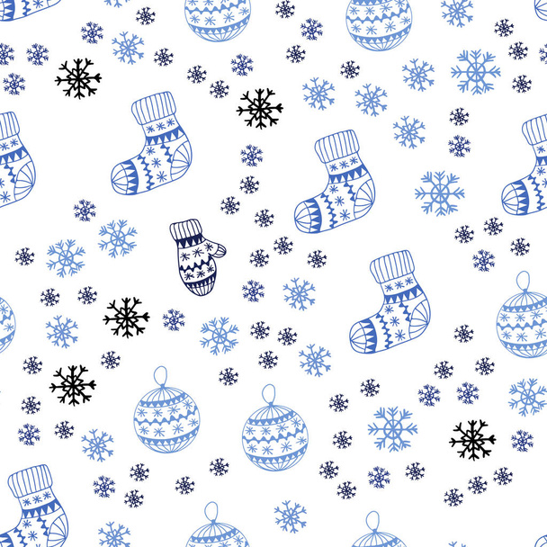 Világos kék vektor szép hópelyhek, labdák, zokni, ujjatlan zökkenőmentes fedjük. Színes karácsony elemek színátmenettel. Névjegykártyák, weboldalak sablon. - Vektor, kép