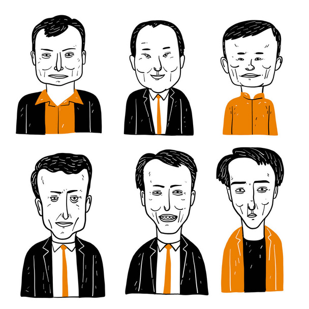 Collection of diverse hand drawn faces in black and white with doodle style, vector illustration. - Vector, Image
