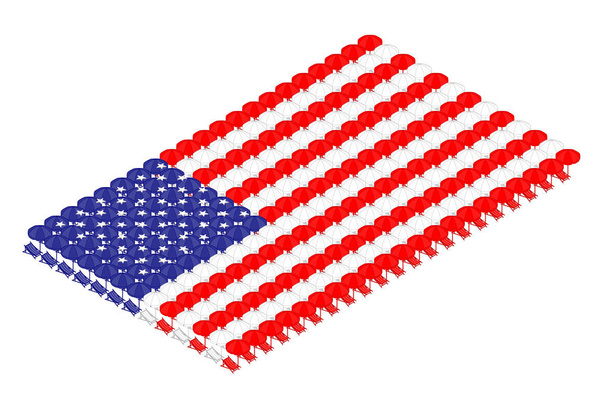 Isometrische strand of ligstoel met paraplu in rij, Verenigde Staten vlag vorm concept ontwerp illustratie geïsoleerd op een witte achtergrond, bewerkbare beroerte - Vector, afbeelding