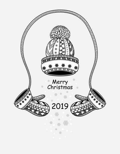 Vánoční složení zimní čepice s palčáky vločky černé na bílém. Blahopřání s Veselé Vánoce a šťastný nový rok. Nápisu nebo leták pro vánoční prodej. Omalovánky - Vektor, obrázek