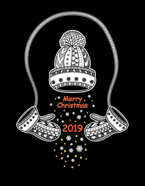 Vánoční složení zimní čepice s palčáky sněhové vločky na černém pozadí. Blahopřání s Veselé Vánoce a šťastný nový rok. Nápisu nebo leták pro vánoční prodej  - Vektor, obrázek