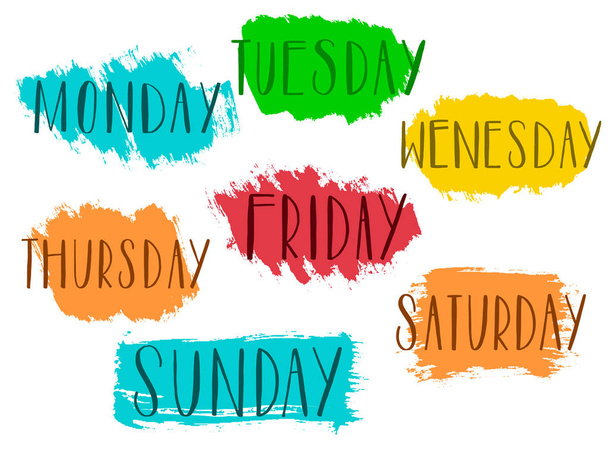 Odręcznie dni tygodnia poniedziałek, wtorek, środa, czwartek, piątek, sobota niedziela kaligrafii. Napis typografia wektor ilustracja - Wektor, obraz
