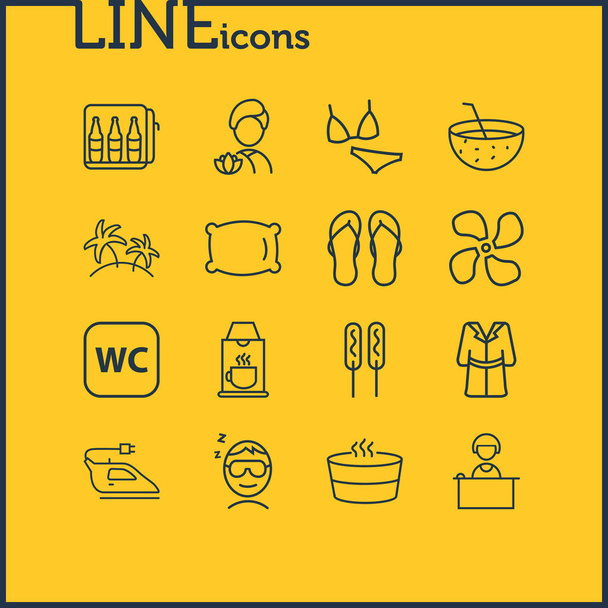 Illustration vectorielle de 16 icônes de vacances style ligne. Ensemble modifiable de tongs, ventilateur, oreiller et autres éléments d'icône
. - Vecteur, image