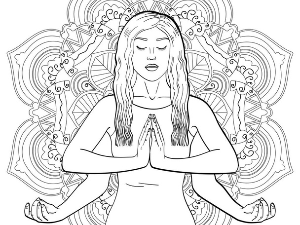 Lakshmi uma mulher com quatro mãos no hinduísmo. Pose no ioga. crianças coloração, linhas pretas, fundo de arte bunda. Mandala de ilustração vetorial
 - Vetor, Imagem