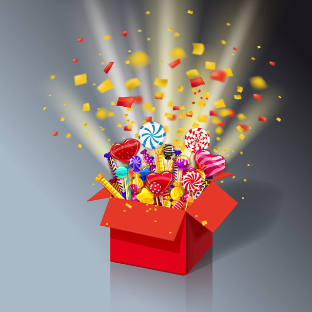 Різдвяна солодка подарункова коробка. Відкрити 3d-червону коробку зі смаком, цукерками, желе, цукерками. Вибух паперової конфетті. Святковий сюрприз з цукерками. Солодкий значок вечірки з ефектами освітлення та частинками. Шаблон, вітання
 - Вектор, зображення