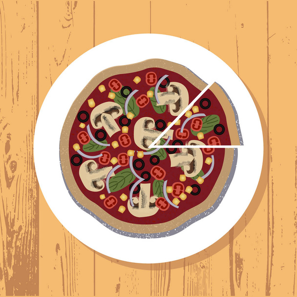 Rebanada de pizza y pizza en un plato blanco. Vector de pizza sobre fondo texturizado de mesa de madera. Para un libro de recetas, clases de cocina, cafetería y restaurante, menú de pizzería, decoración de interiores. Comida italiana
 - Vector, imagen
