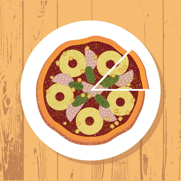 Rebanada de pizza y pizza en plato blanco sobre fondo texturizado mesa de madera, vector
 - Vector, Imagen