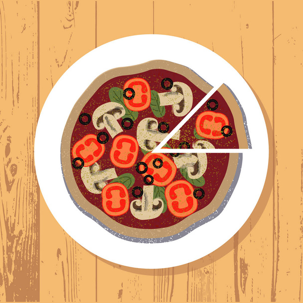 Rebanada de pizza y pizza en plato blanco sobre fondo texturizado mesa de madera, vector
 - Vector, Imagen