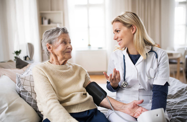 Un visitatore sanitario che misura la pressione sanguigna di una donna anziana a casa
. - Foto, immagini