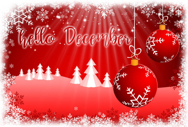 Holiday Greeting Card with lettering HELLO DECEMBER on a snowy landscape background. Winter holiday composition. - Photo, Image