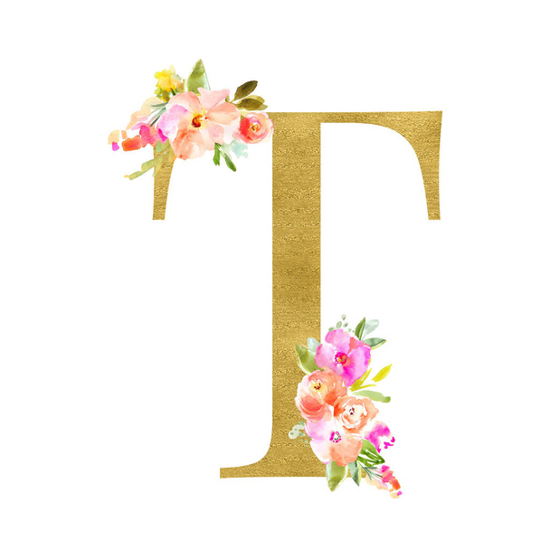 t letter with floral decor  - Fotoğraf, Görsel