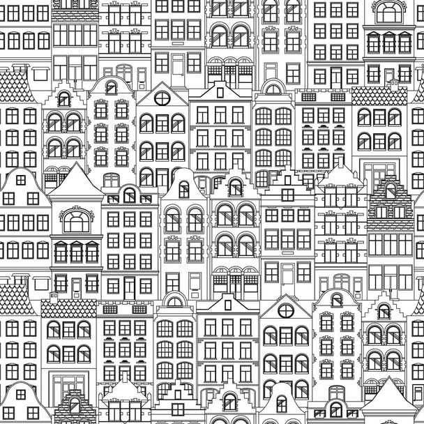 Naadloze patroon van Cute retro huizen buitenkant. Collectie van Europese gebouw gevels. Traditionele architectuur van België en Nederland. Zweden, Noorwegen, Denemarken - Vector, afbeelding