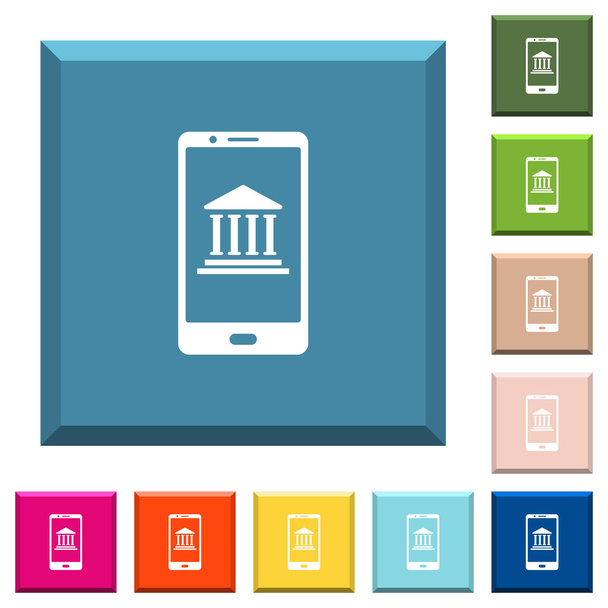 Mobilní bankovnictví bílé ikony na omítané čtvercová tlačítka v různých módních barvách - Vektor, obrázek