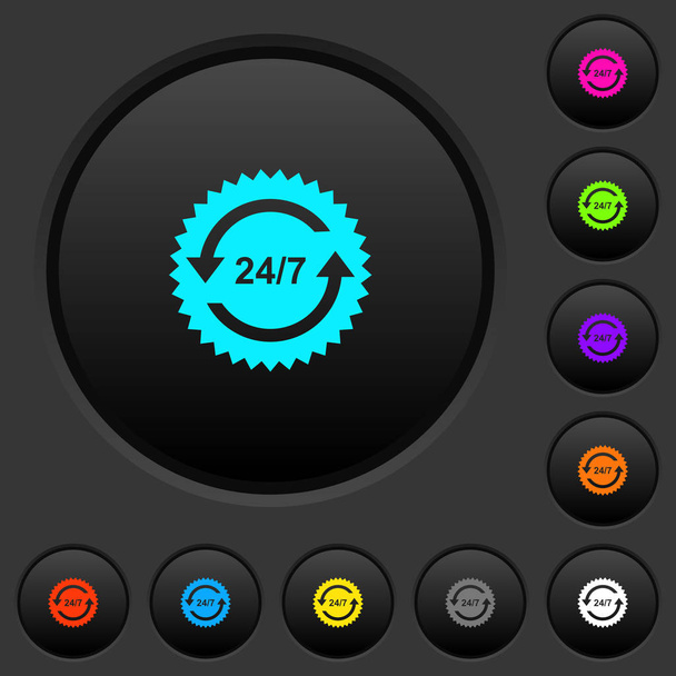 24 hours seven sticker with arrows dark push buttons with vivid color icons on dark grey background - Vetor, Imagem