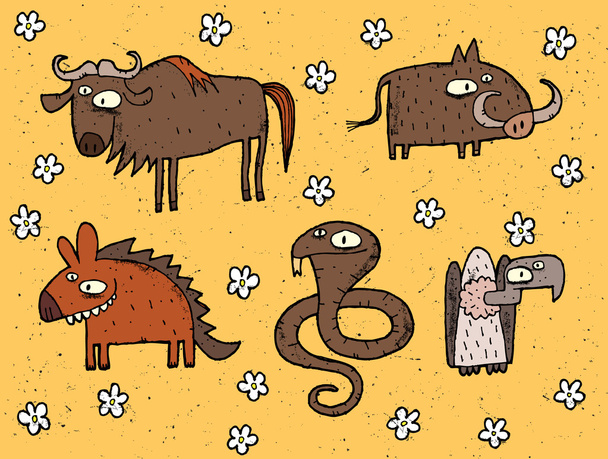 Hand drawn grunge illustrations set of gnu, warthog, hyena, cobr - Wektor, obraz