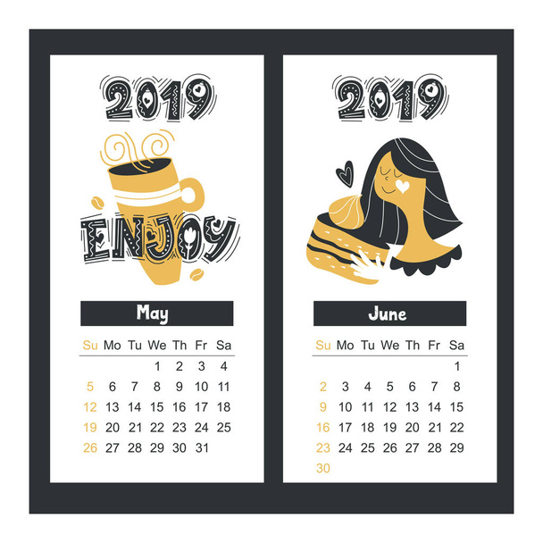 Calendar 2019. Cute girl with a mug of hot drink. Vector typography. Holiday greeting card designer. - Vector, Image