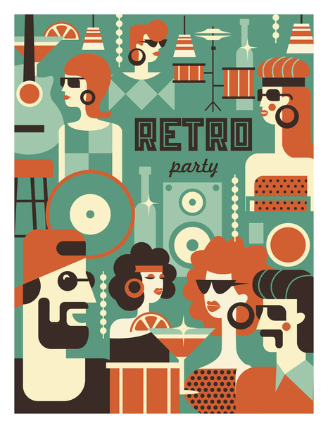 Retro party poster. Vector illustration in retro style. People dressed in the fashion of 60-70 years. Men and women in the bar with drinks. Musical instruments, vinyl discs. - Vektör, Görsel
