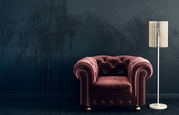 Kırmızı koltuğu ve lambası olan modern oturma odası. İskandinav iç dizayn mobilyası. 3d resimleme - Fotoğraf, Görsel