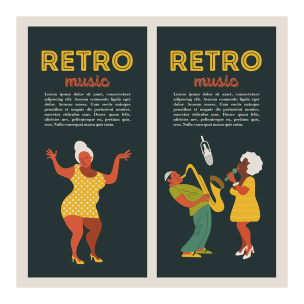 Poster of the festival of jazz music. Musician saxophonist and jazz singer. Woman dancing. Set of characters in the style of 70-80 years. Vector illustration. - Vector, Image