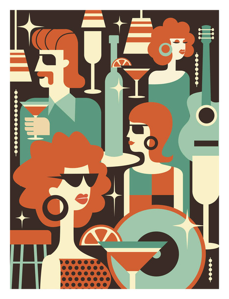 Retro party poster. Vector illustration in retro style. People dressed in the fashion of 60-70 years. Men and women in the bar with drinks. Musical instruments, vinyl discs. - Vector, Image