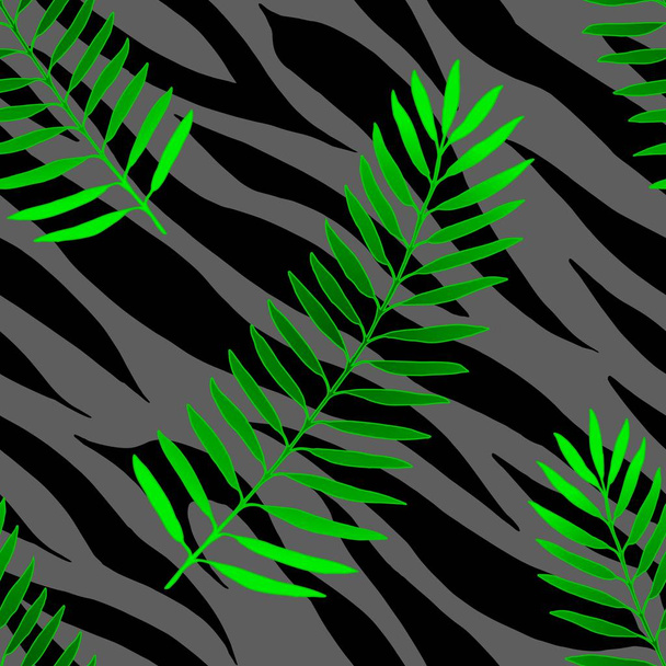 Tropical palm leaves jungle on tiger fur seamless vector pattern background - Вектор, зображення