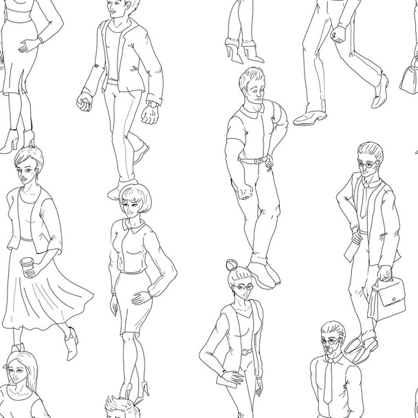Seamless pattern with business people walking. Sketch style illustration with men and woman. - Vektör, Görsel